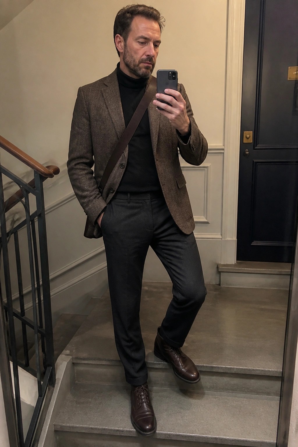 Man in brown tweed blazer and black turtleneck taking selfie on stairs