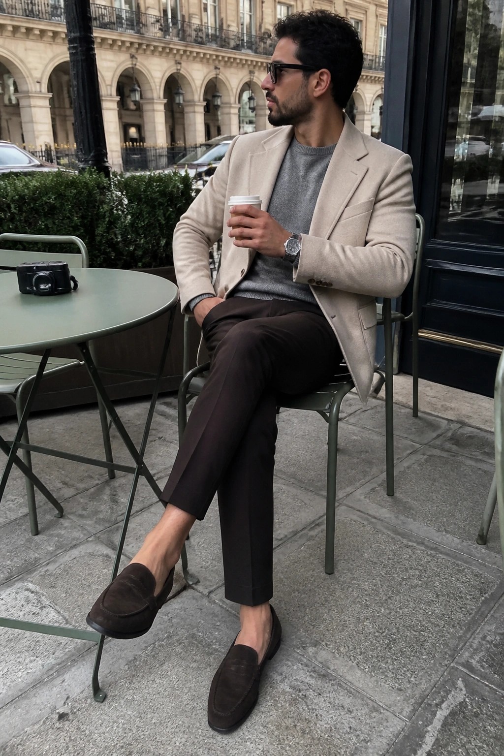 Man in beige blazer and gray sweater holds coffee at outdoor café table