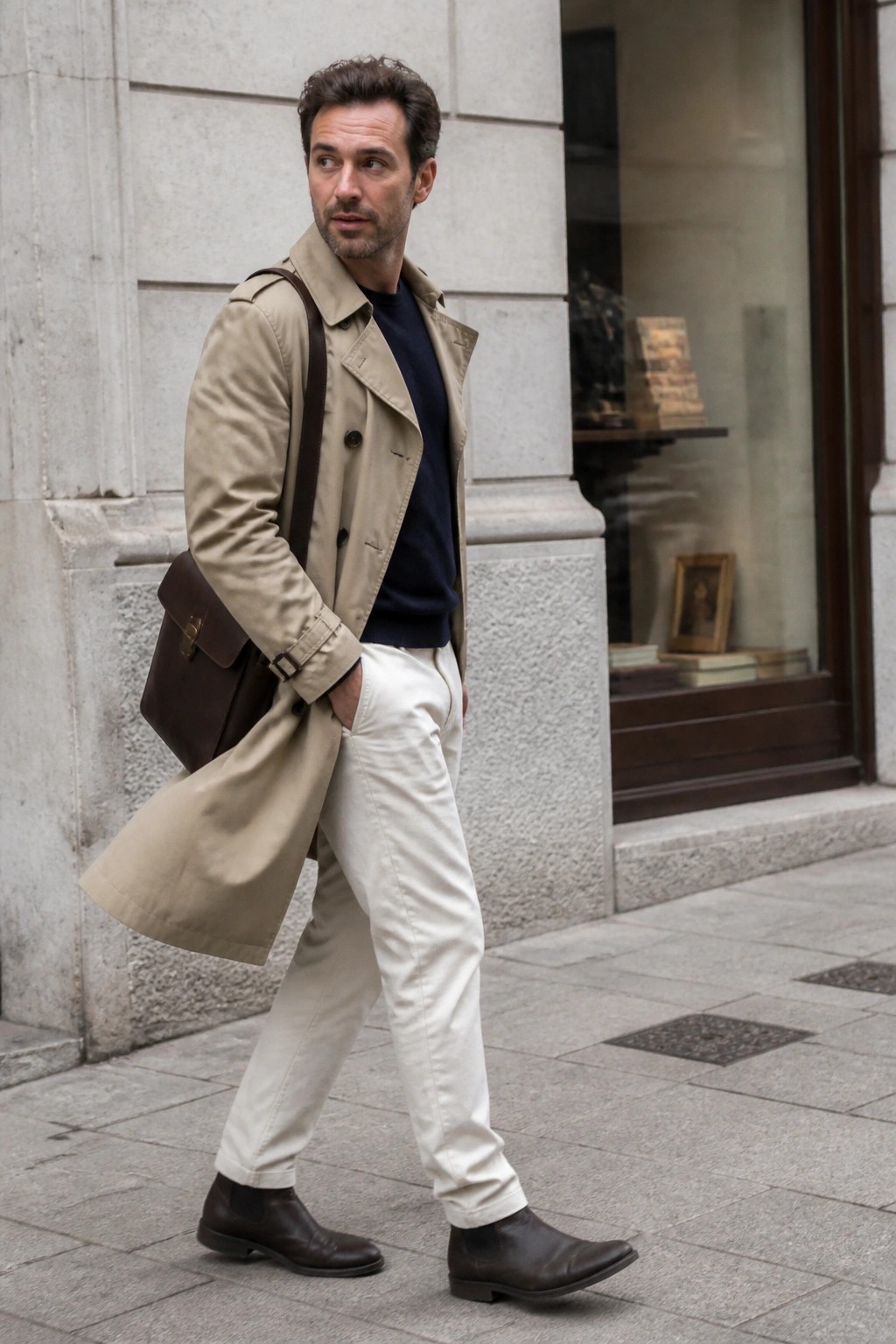 Man in beige trench coat, white pants, brown boots walks with leather satchel on sidewalk
