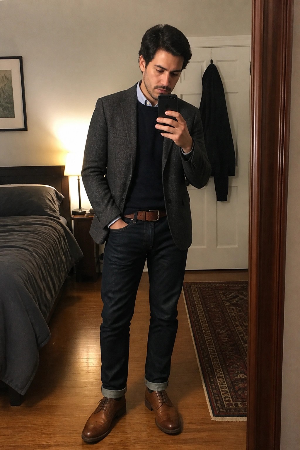 Man in gray blazer and navy sweater taking mirror selfie in bedroom