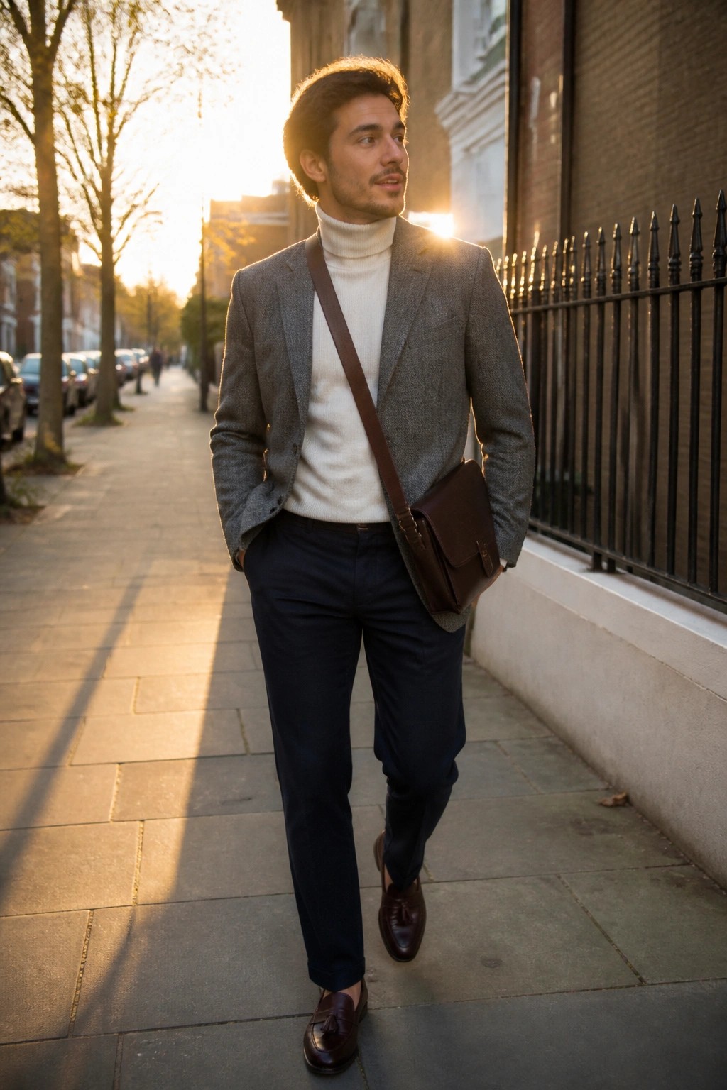 Man in gray blazer and white turtleneck with brown leather bag on sidewalk at sunset.