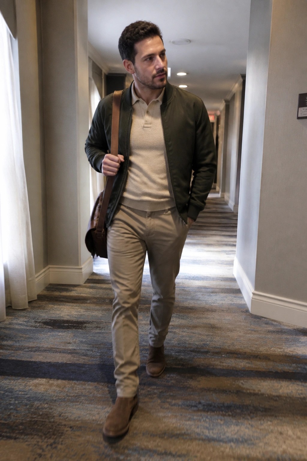 Man in green bomber jacket and beige pants walks hallway with leather bag