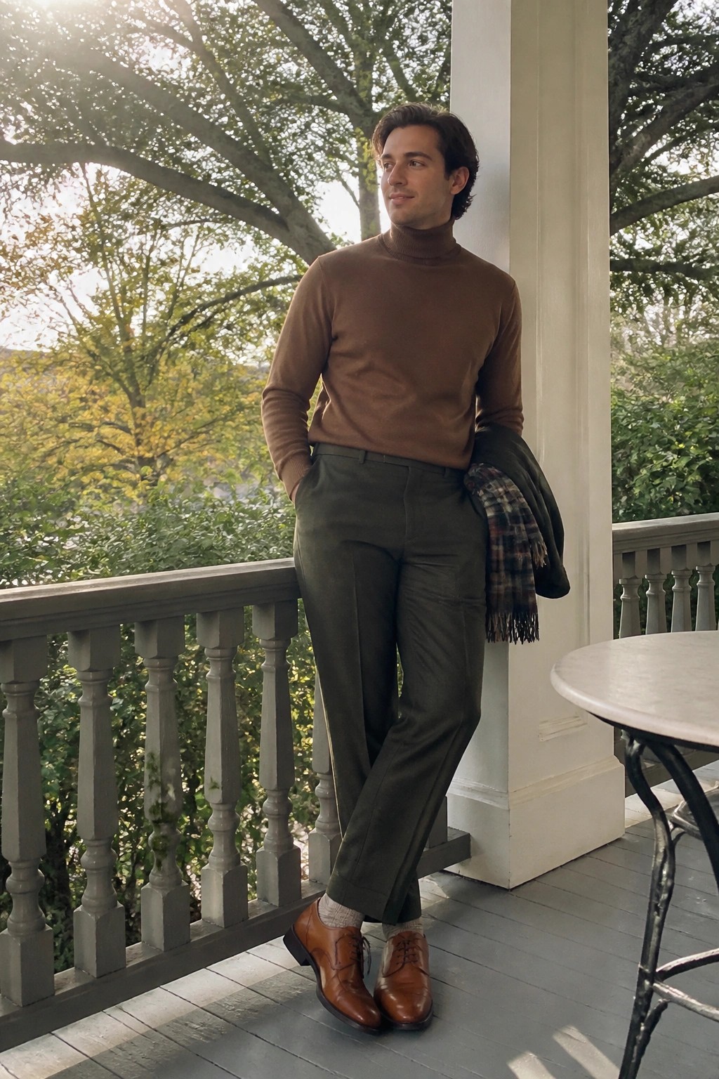 Man in brown turtleneck, olive trousers, and brown shoes on porch with plaid jacket