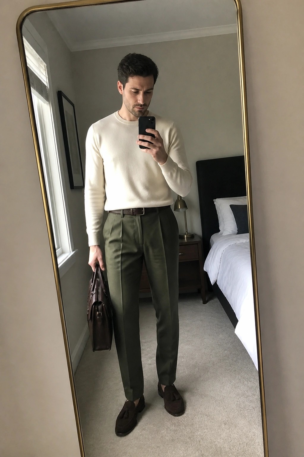 Man in cream sweater and olive trousers taking mirror selfie while holding brown bag