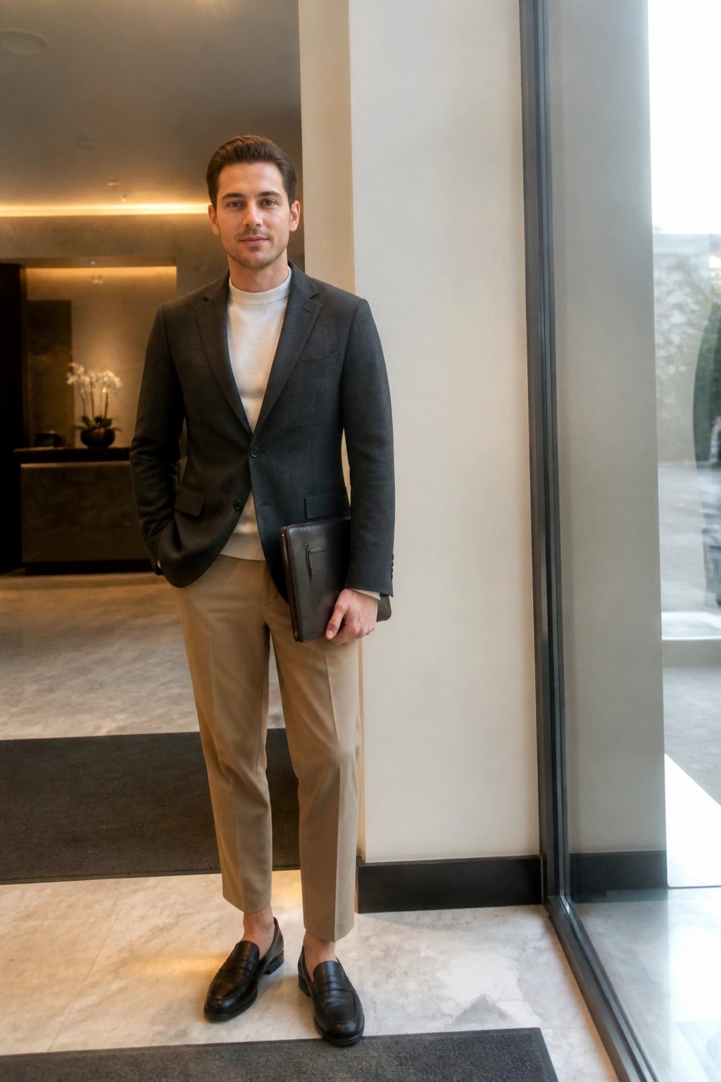 Man in gray blazer over cream sweater with beige pants holds leather portfolio.
