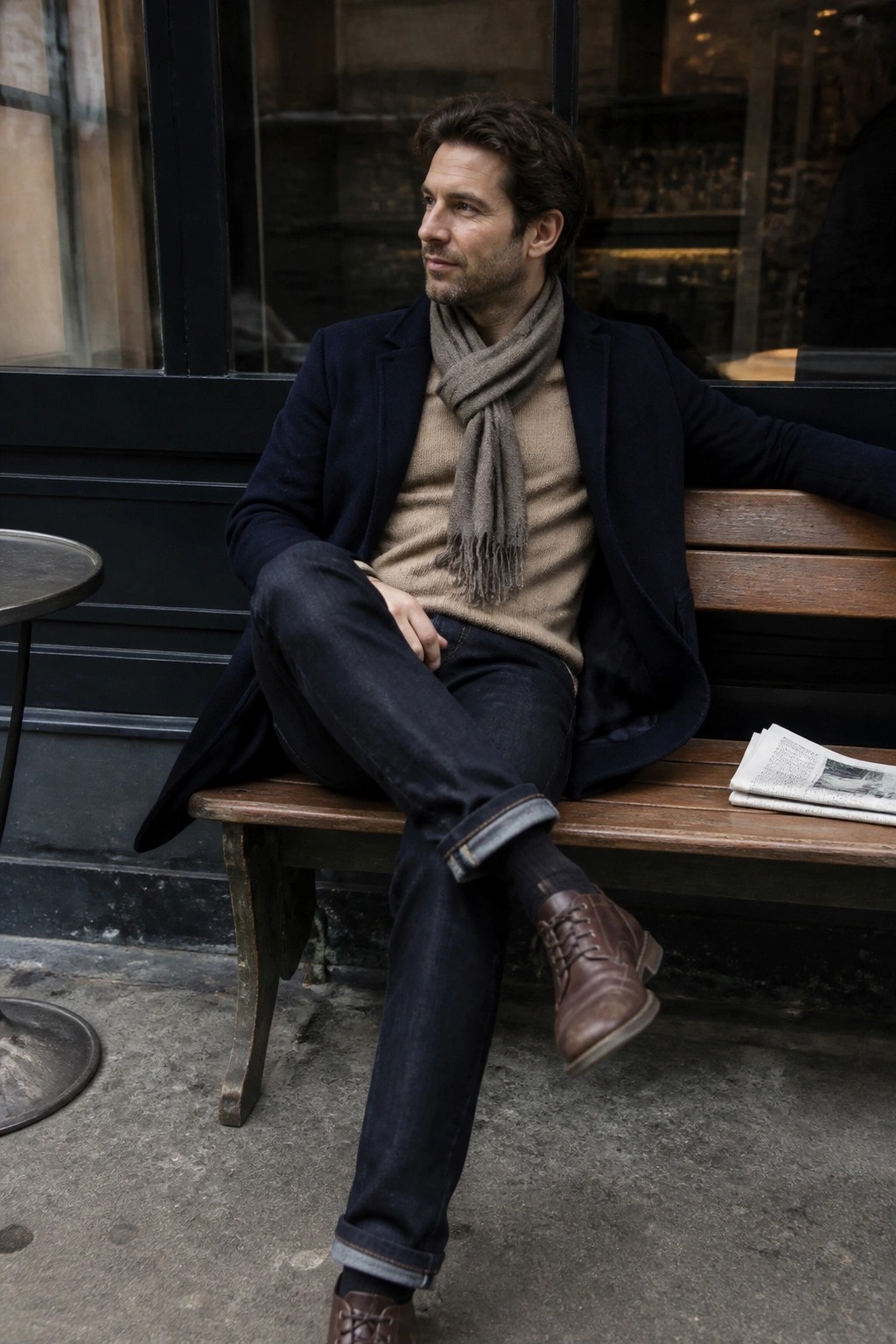 Man in navy coat and beige scarf seated on wooden bench with newspaper nearby