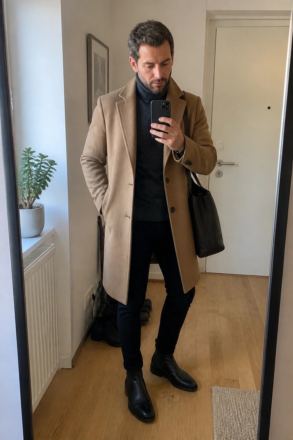 Man in tan coat over black turtleneck taking mirror selfie with leather bag