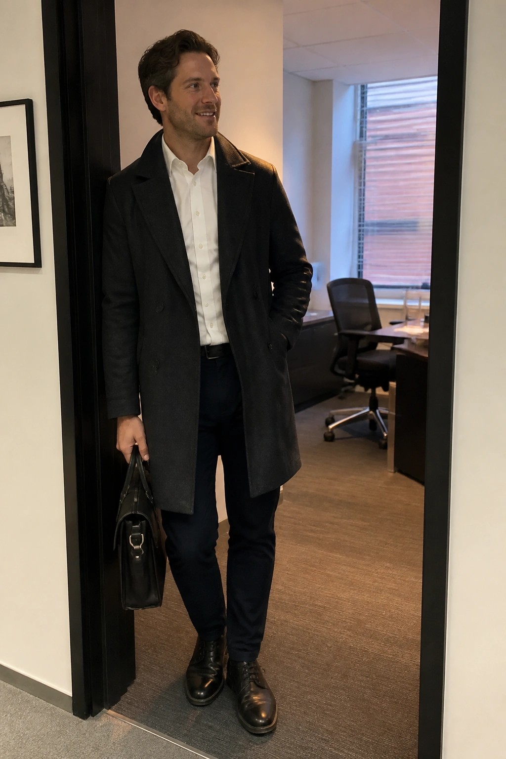 Man in dark overcoat and white shirt holds briefcase in office doorway