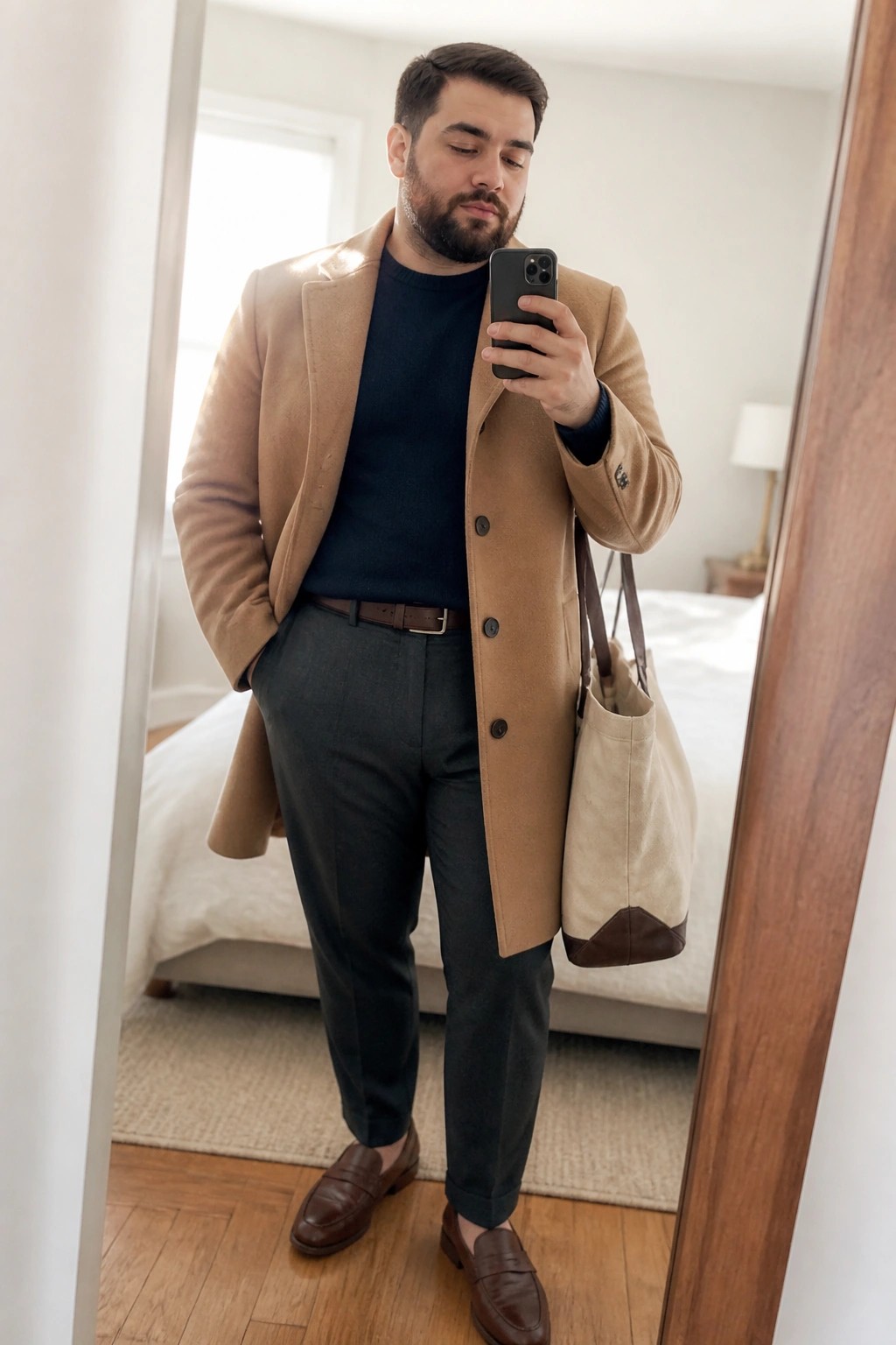 Man in camel overcoat and navy sweater taking mirror selfie with canvas tote bag