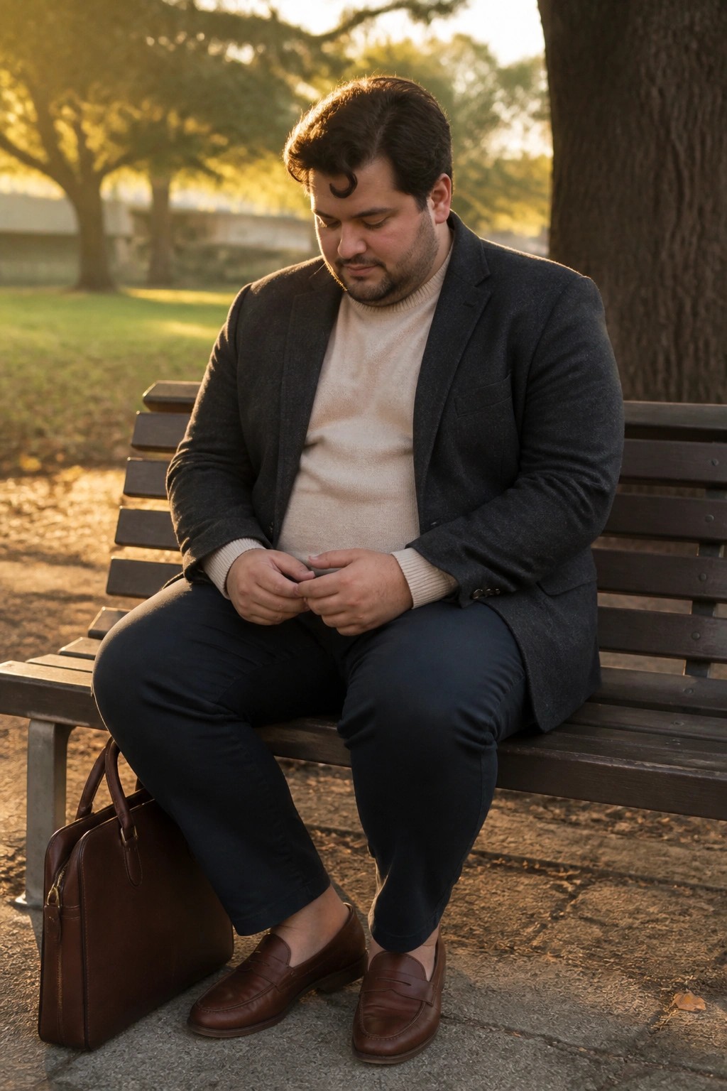Man in gray blazer and beige sweater sits on park bench with briefcase.