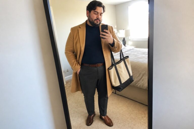 20 Smart Plus Size Old Money Fall Outfits for Men Man in camel overcoat and navy sweater taking mirror selfie with canvas tote bag