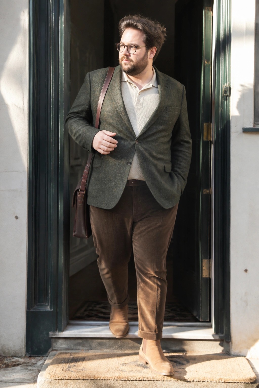 Bearded man in green blazer and brown corduroy pants exiting green doorway with bag