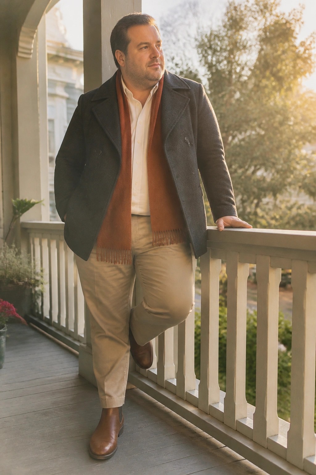 Man in gray coat and rust scarf leans on sunlit porch railing