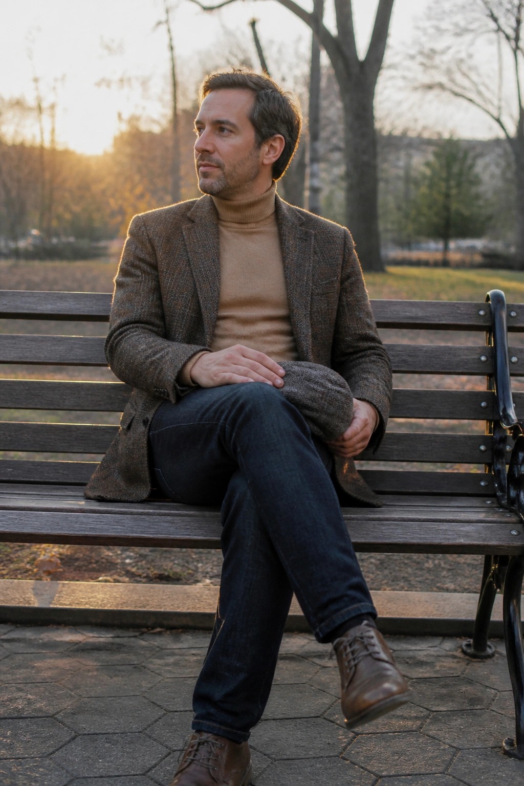 Man in brown tweed blazer and beige turtleneck on wooden park bench at sunset
