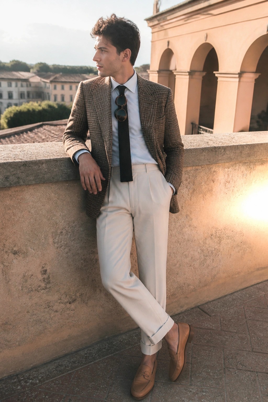 Man in brown plaid blazer, white shirt, black tie, and beige trousers on stone balcony.