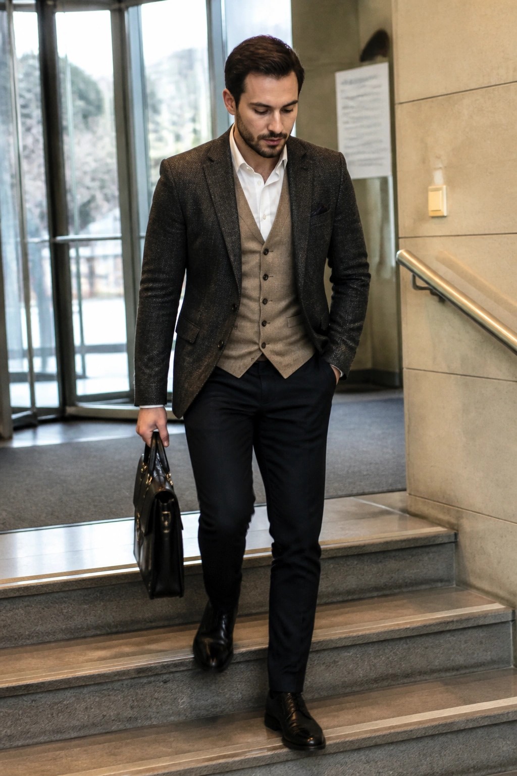Man in brown tweed jacket over beige vest with white shirt black trousers black leather shoes and matching briefcase descending indoor stairs