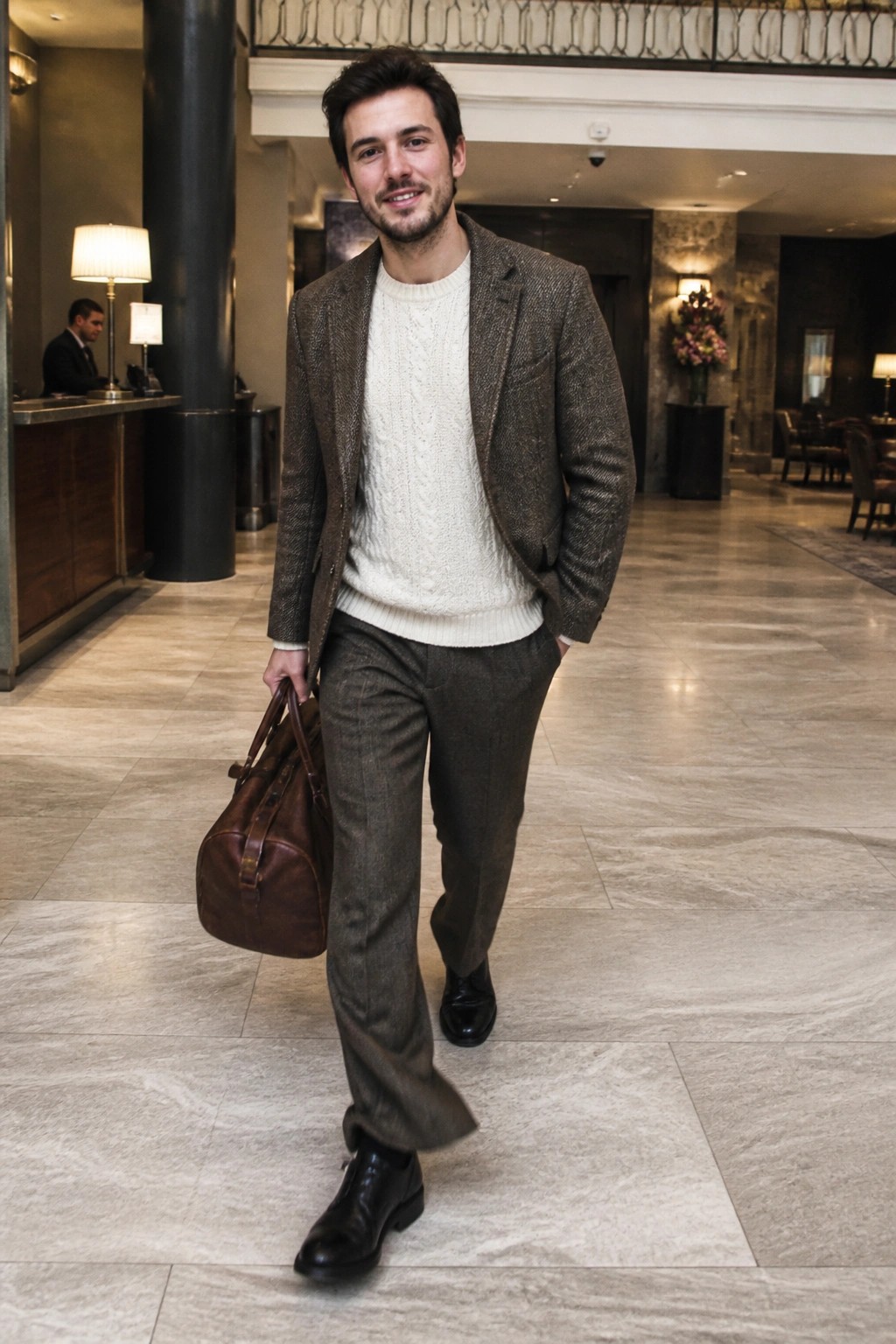 Man in brown tweed blazer over white sweater holding leather bag in hotel lobby