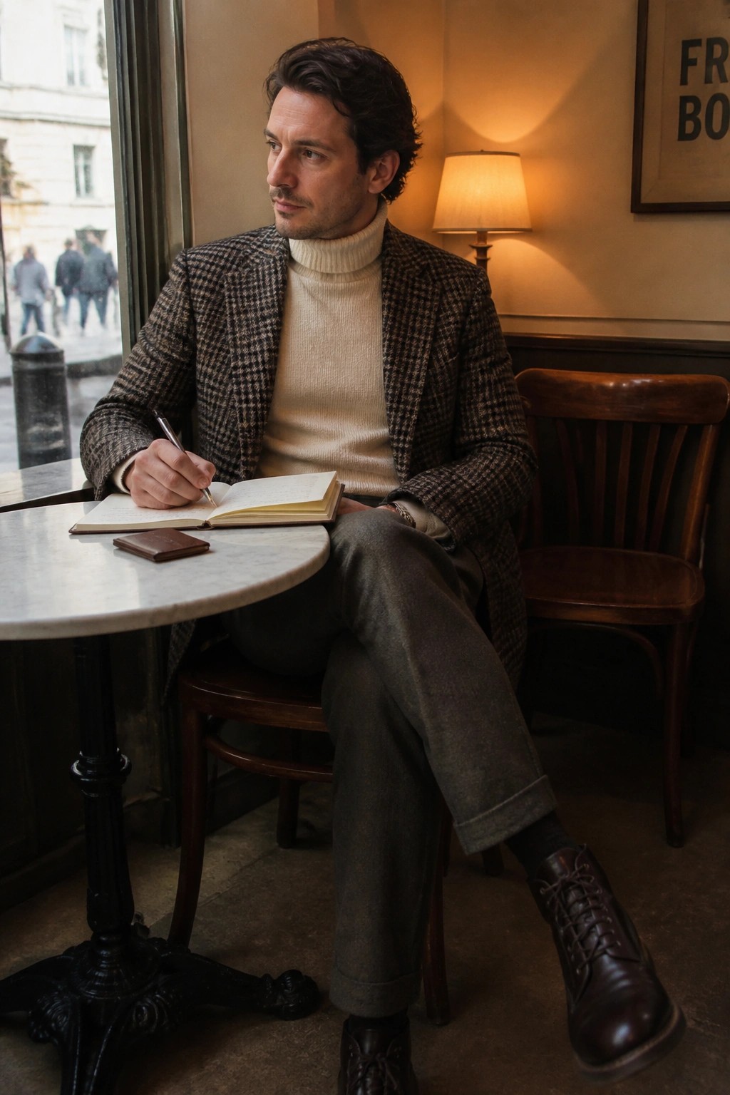 Man in houndstooth tweed jacket over cream turtleneck sweater paired with grey trousers and brown leather boots, seated at a marble table with an open notebook