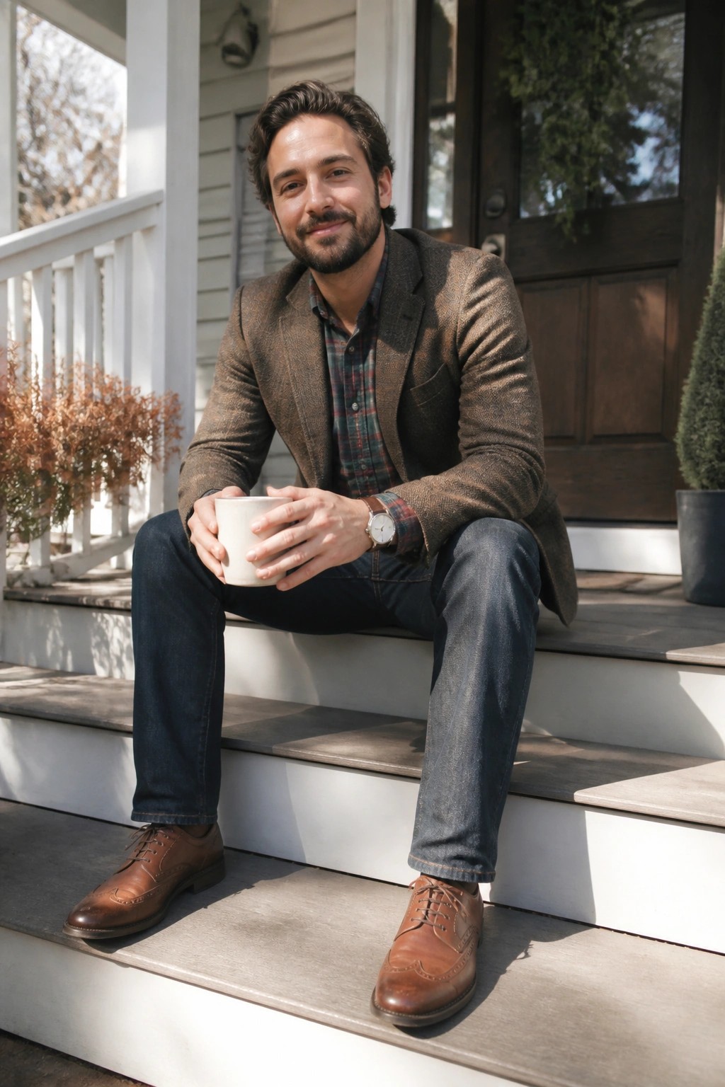 Bearded man in brown tweed blazer and jeans holds white mug on porch steps