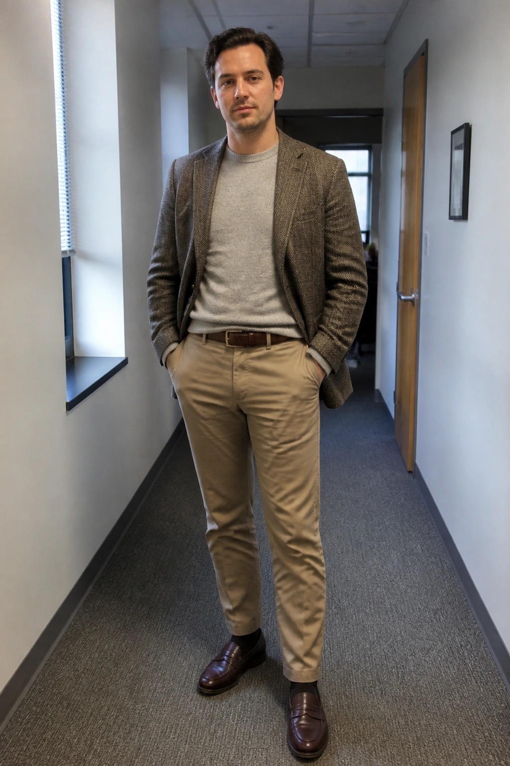 Man in brown tweed blazer over gray sweater and khaki pants in office hallway