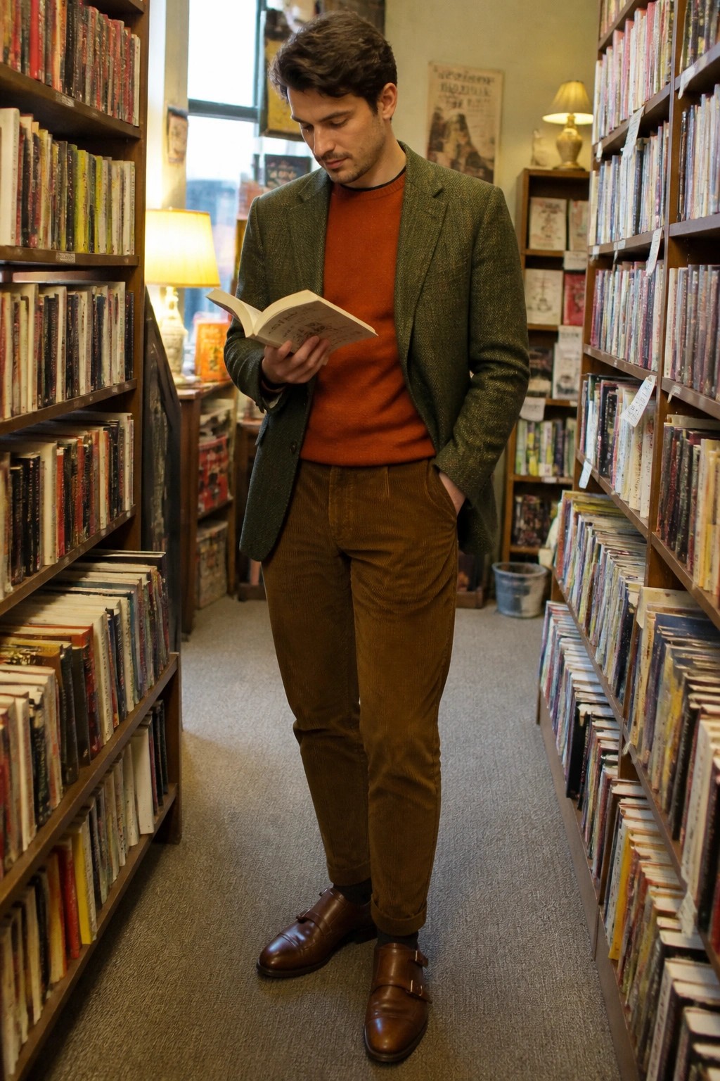 Man wearing a green tweed blazer over an orange knit sweater paired with brown corduroy pants and brown double monk strap leather shoes.