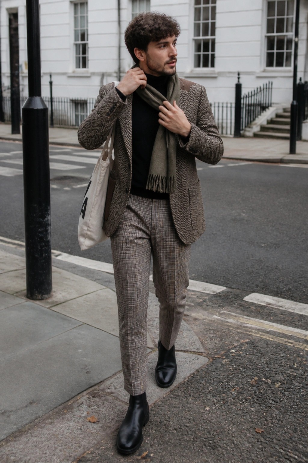 Man in herringbone blazer and plaid pants adjusts scarf on city street