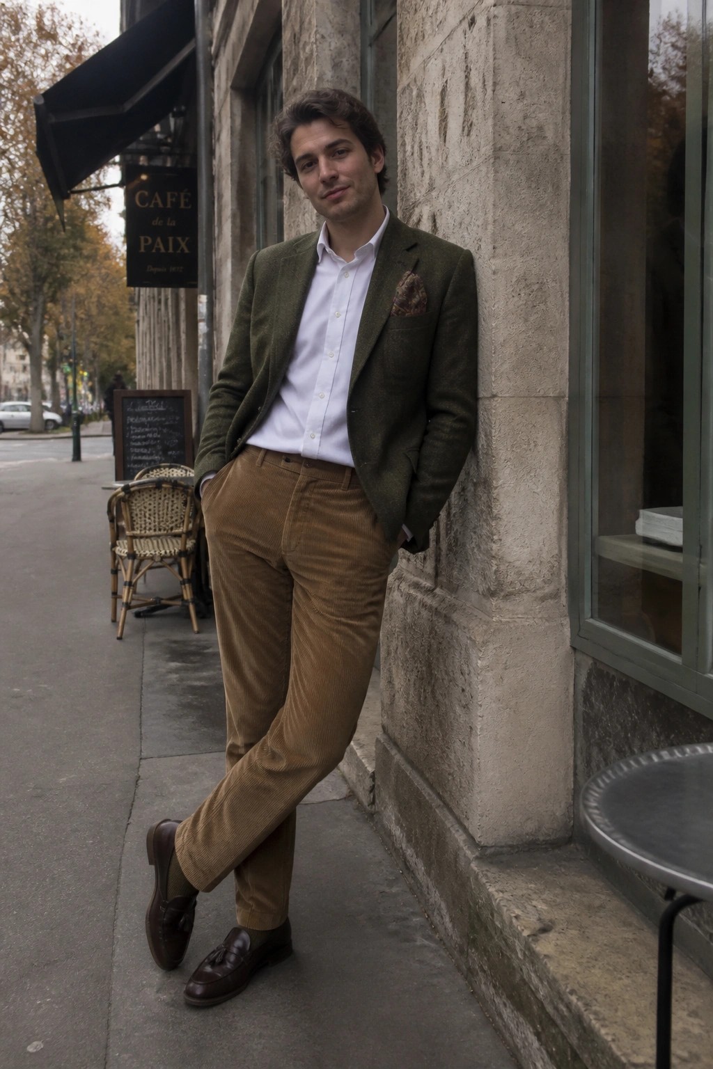 Man in green tweed blazer and brown corduroy pants leaning on cafe wall