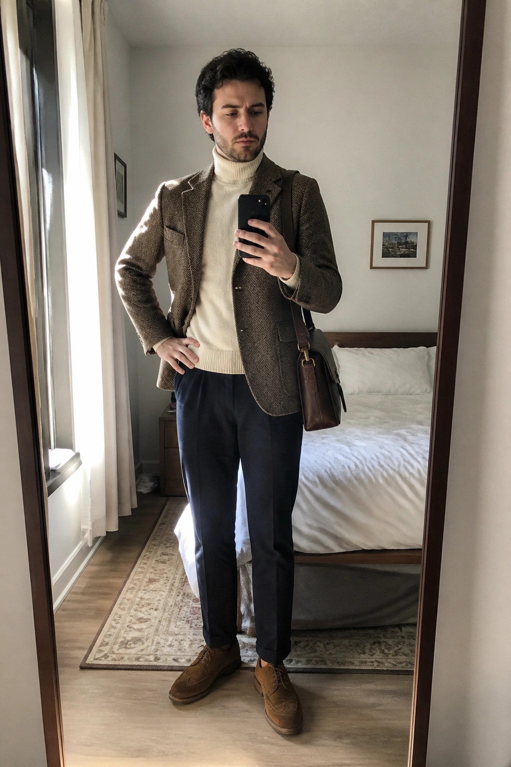 Man in brown tweed blazer and cream turtleneck taking mirror selfie in bedroom