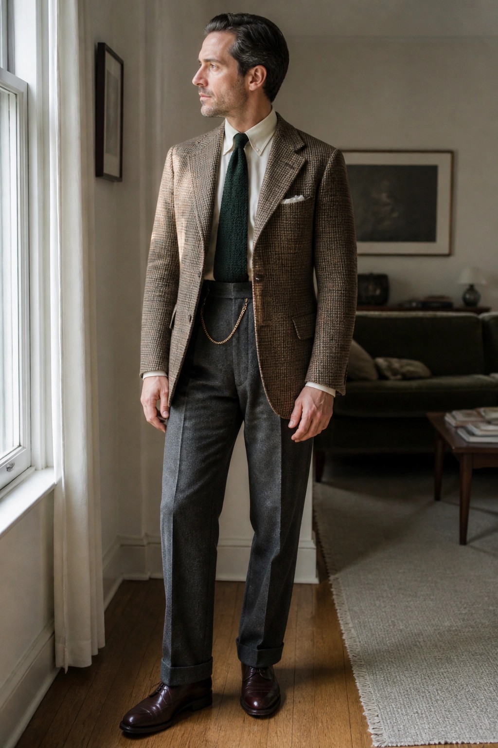 Man in brown checkered tweed jacket, green tie, and gray trousers by window.