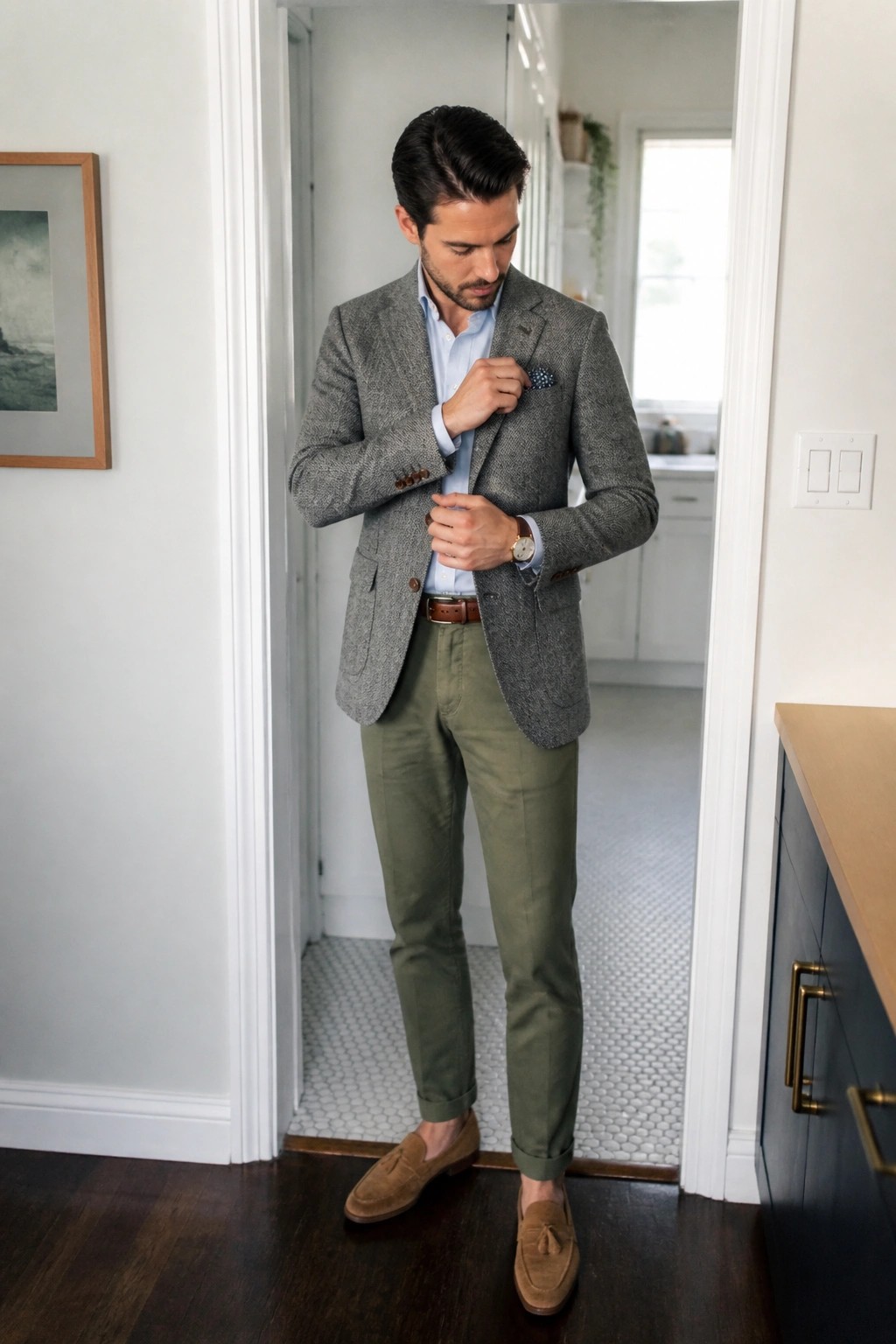 Man in gray tweed blazer and green pants adjusting jacket in doorway