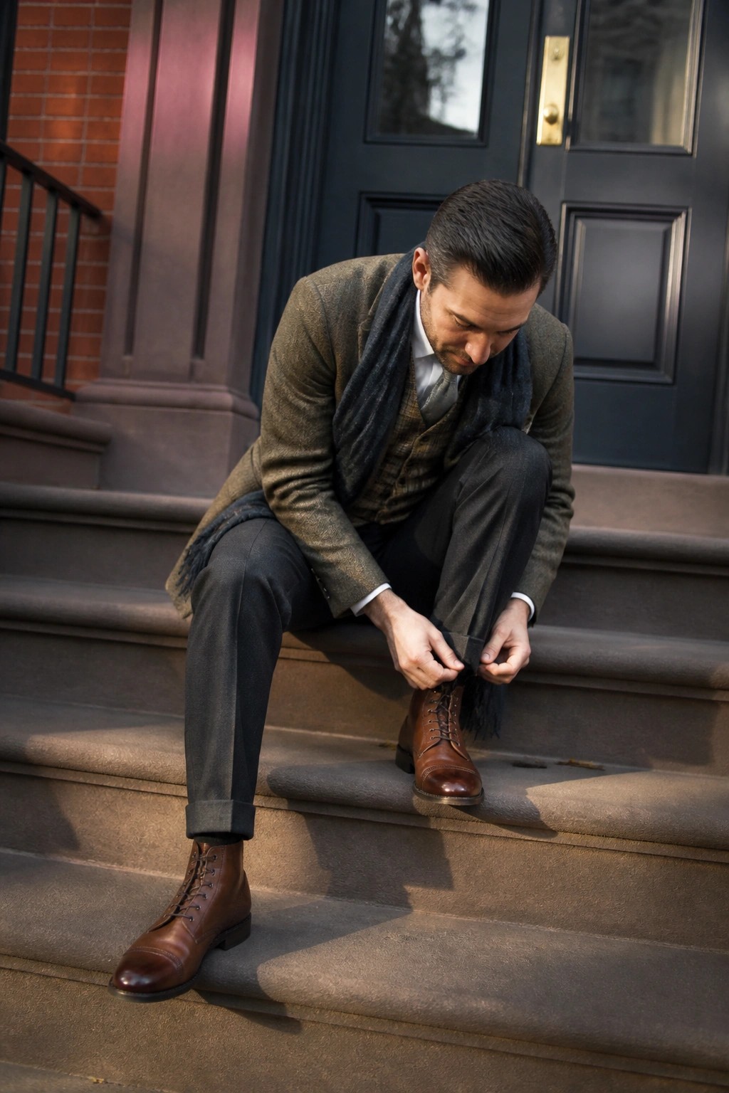Man in tweed jacket and scarf tying brown leather boot on stone steps