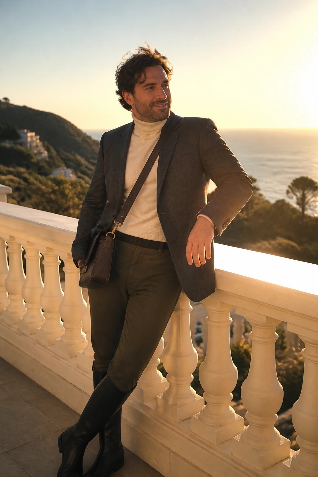 Man in blazer and turtleneck leaning on balcony overlooking sea at sunset