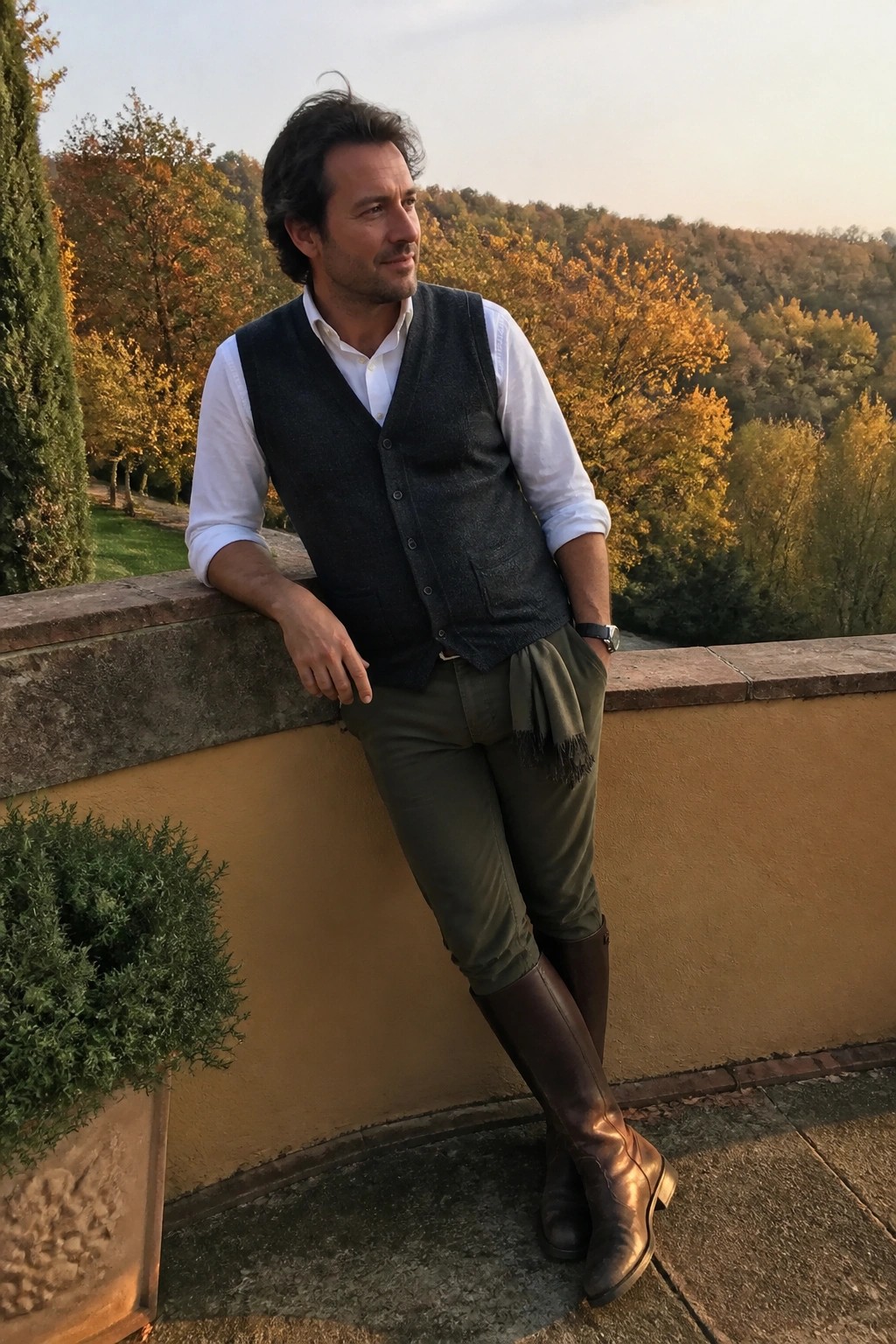 Man in dark vest over white shirt leans on wall overlooking autumn hills