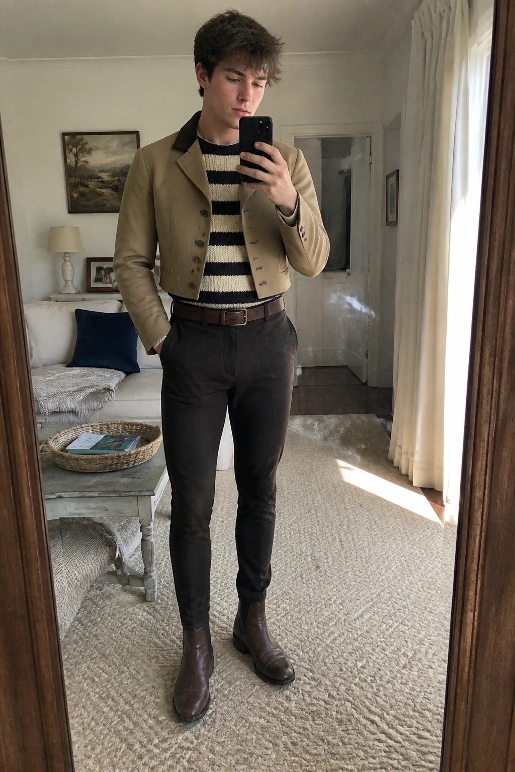 Young man in tan leather jacket over striped sweater takes mirror selfie in living room.