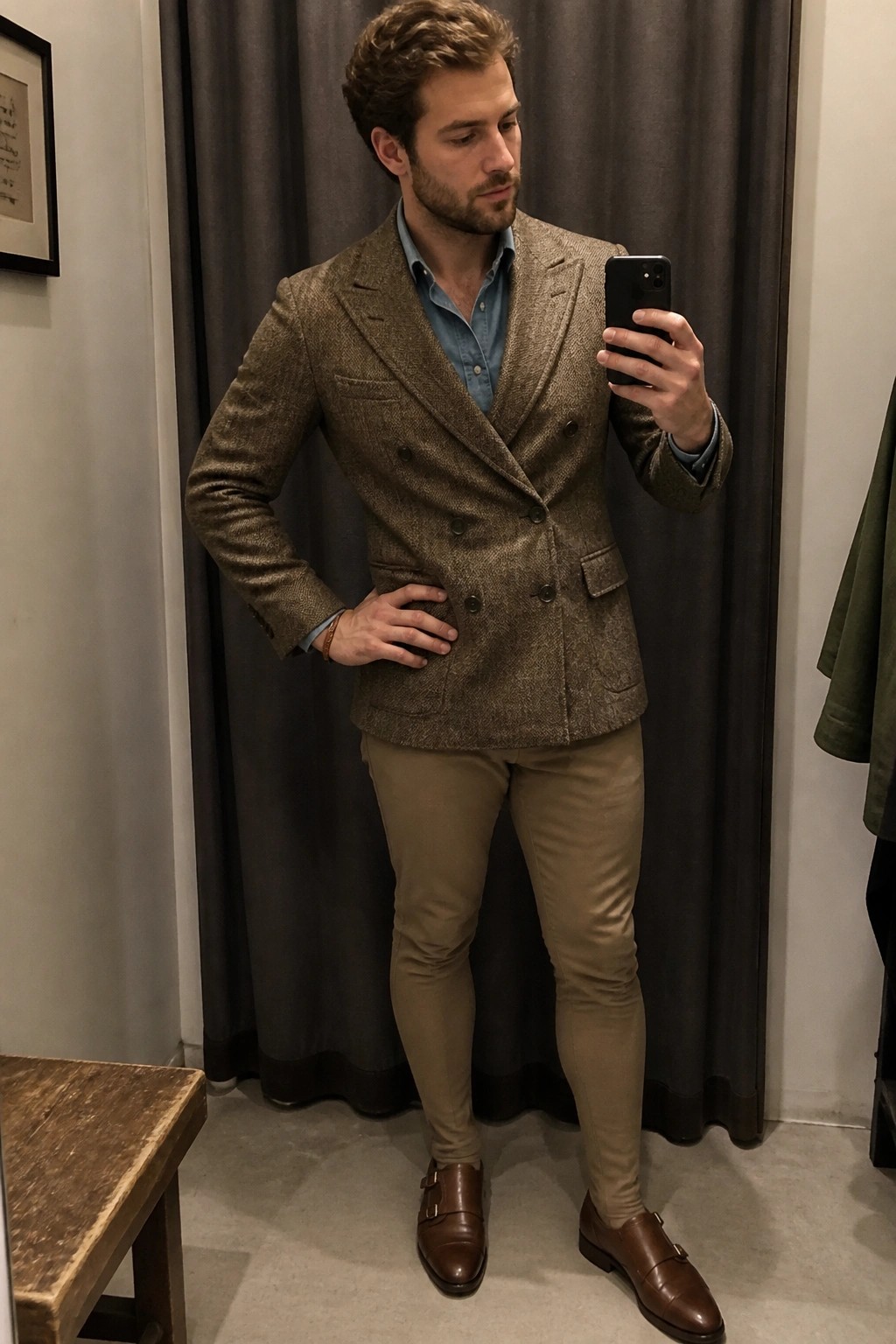 Man in brown tweed blazer, khaki pants, and monk shoes taking mirror selfie.