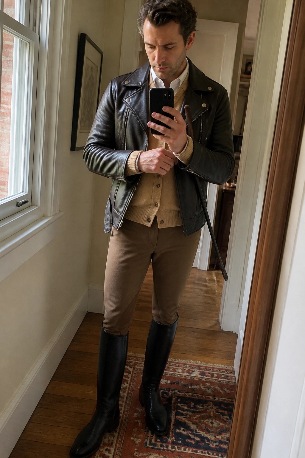 Man in black leather jacket and tan sweater taking mirror selfie with phone