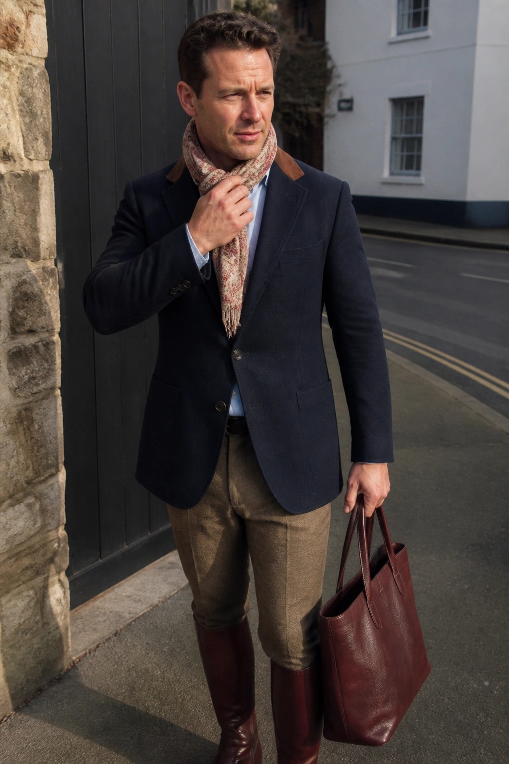 Man in navy blazer and scarf holding leather bag on city street