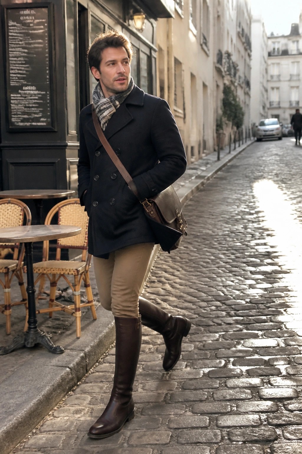 Man in navy coat, scarf, and tall brown boots on cobblestone street with bag