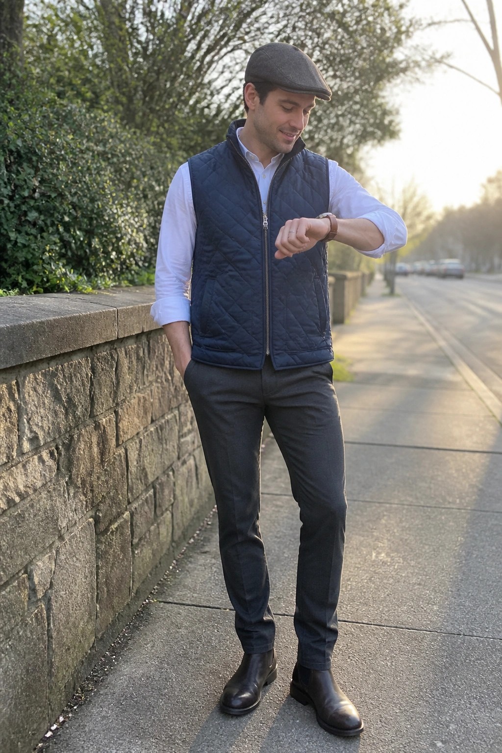 Man in blue quilted vest and flat cap checks watch beside stone wall.