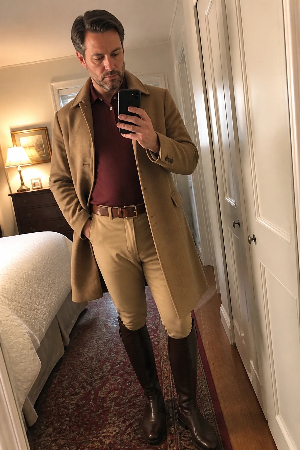 Man in tan overcoat, maroon polo, beige pants, and brown boots taking mirror selfie.