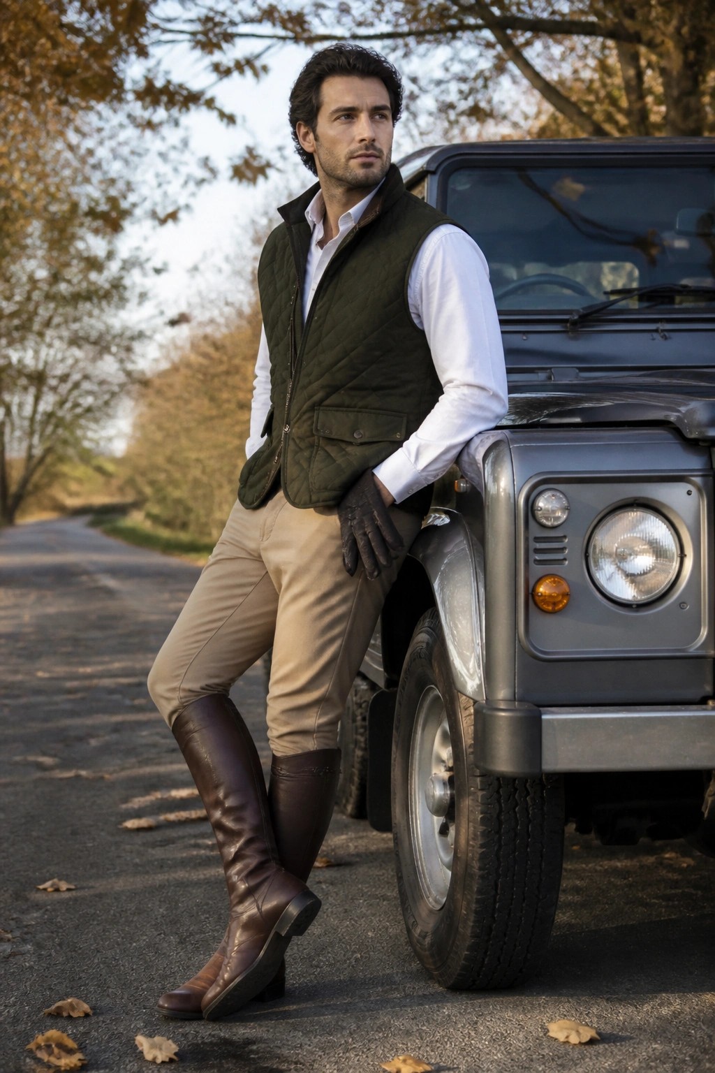 Man in green quilted vest and brown boots leaning on gray SUV amid autumn leaves.