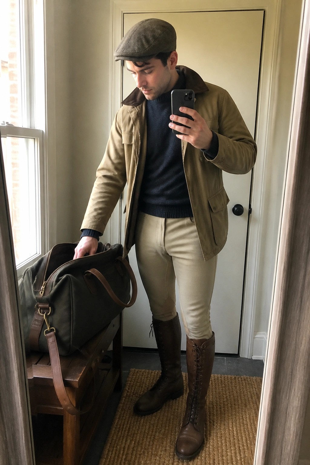 Man in tan jacket and boots taking mirror selfie by green duffel bag