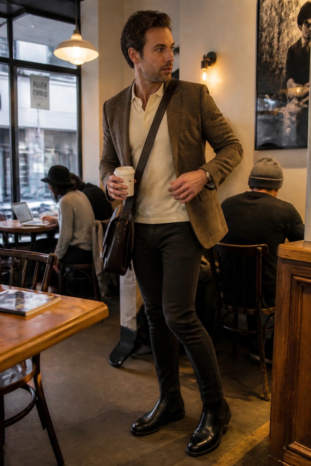 Man wearing brown check blazer over cream polo shirt, dark slim jeans, black Chelsea boots, brown leather messenger bag, holding white coffee cup in cafe setting.