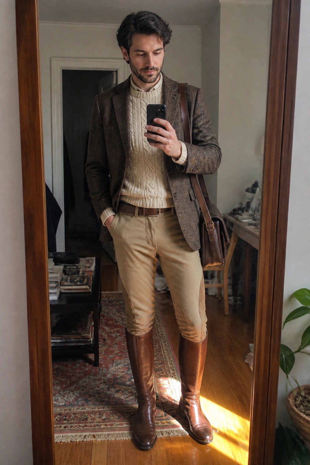 Man in brown tweed blazer, cream sweater, tan pants and tall brown boots taking mirror selfie.