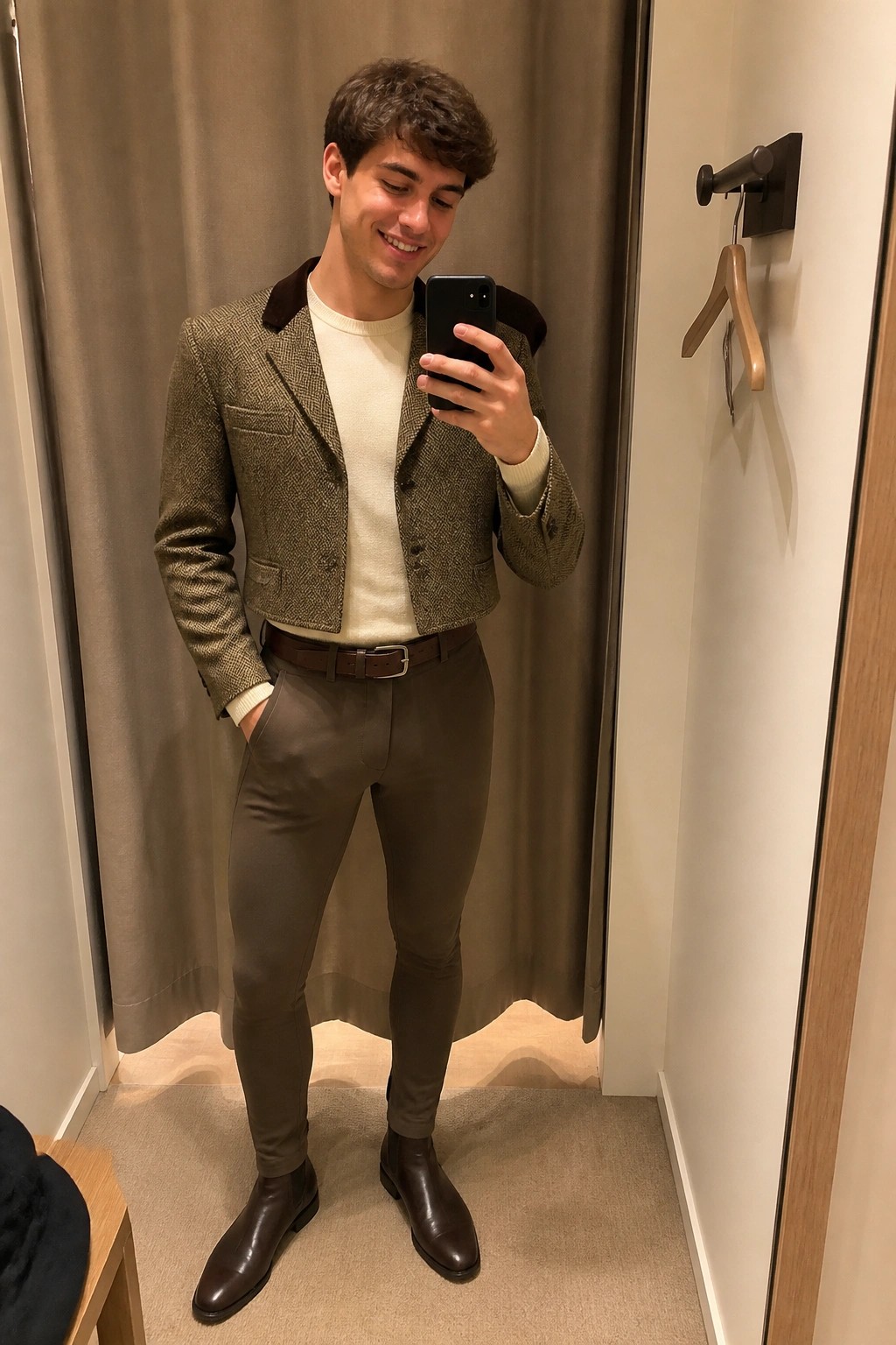 Man in green tweed jacket smiles while taking mirror selfie in fitting room