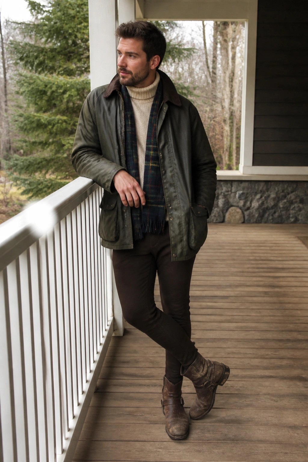 Man in green jacket and plaid scarf leaning on wooden deck railing