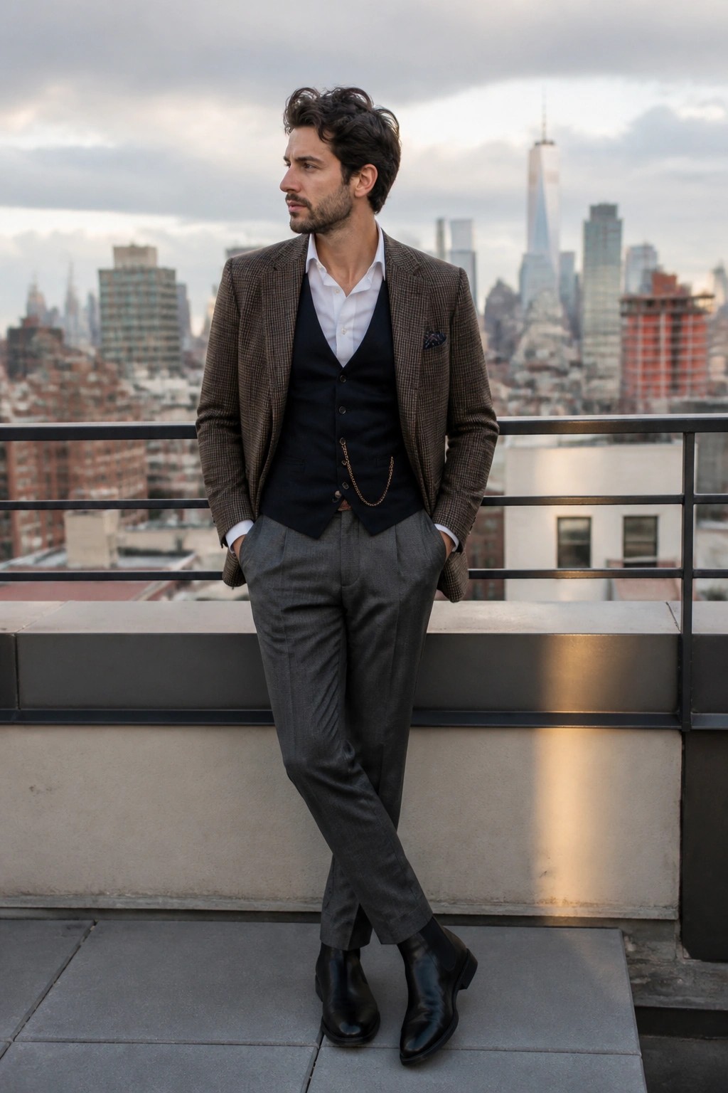 Man in brown checkered blazer, black vest with chain, gray pants on rooftop