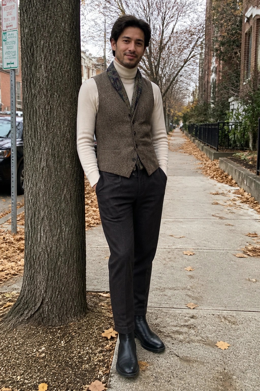 Man in herringbone vest over white turtleneck on autumn city sidewalk.