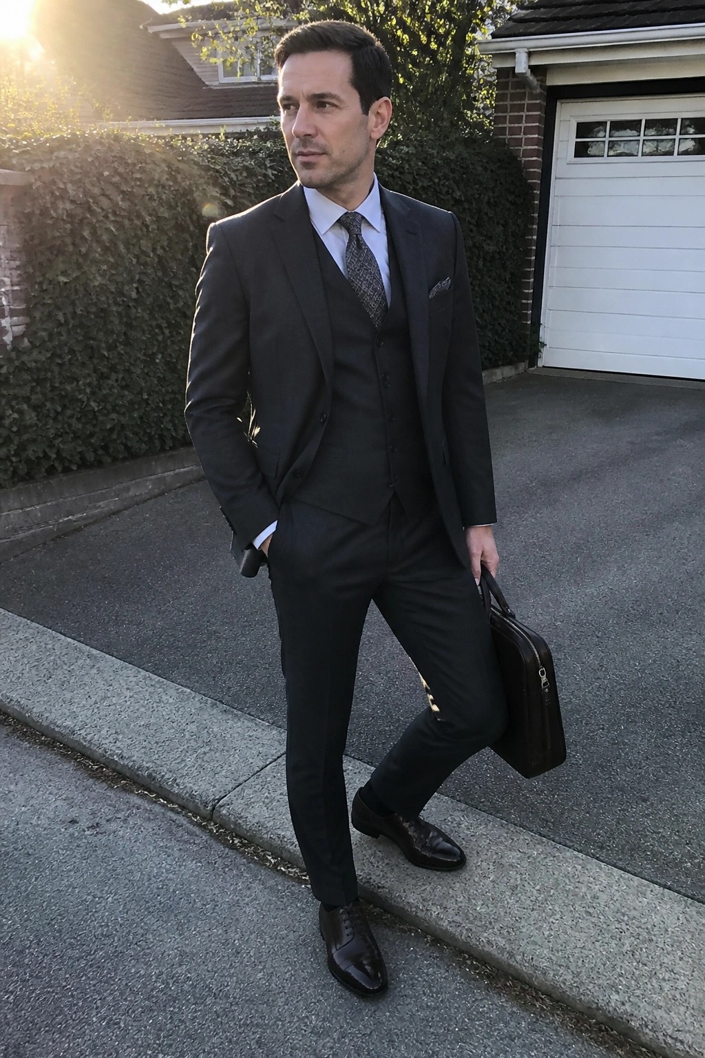 Man in dark three-piece suit holding briefcase on suburban sidewalk at sunset.