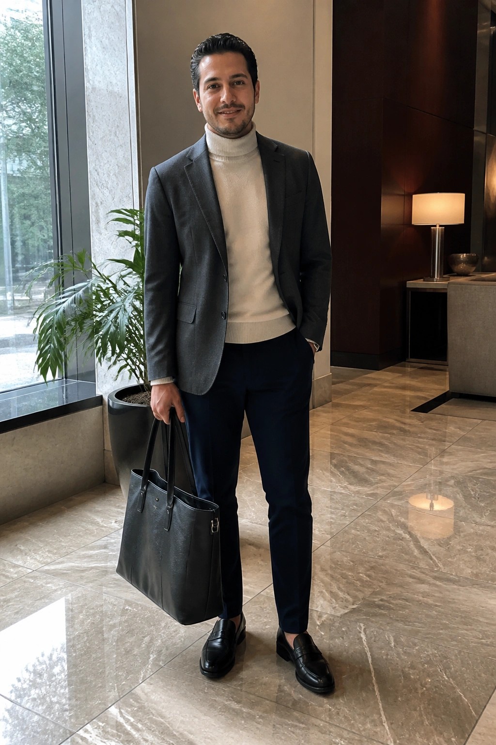 Man in gray blazer over cream turtleneck holding black tote in marble lobby